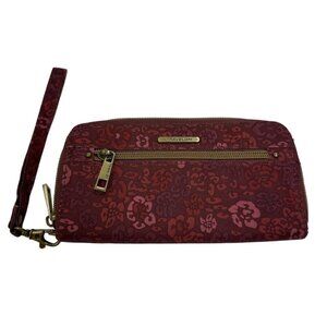Travelon Women Clutch Maroon Floral Nylon Zip Around Accordion Bifold Wristlet
